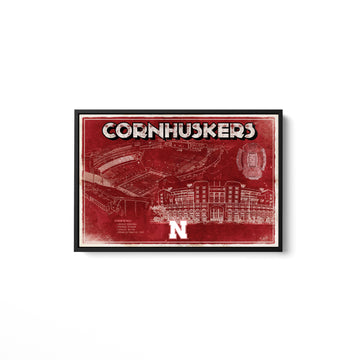 Red Cornhusker framed blueprint of Nebraska Memorial Stadium – bold wall art for Husker fans by Thirtysixdegree