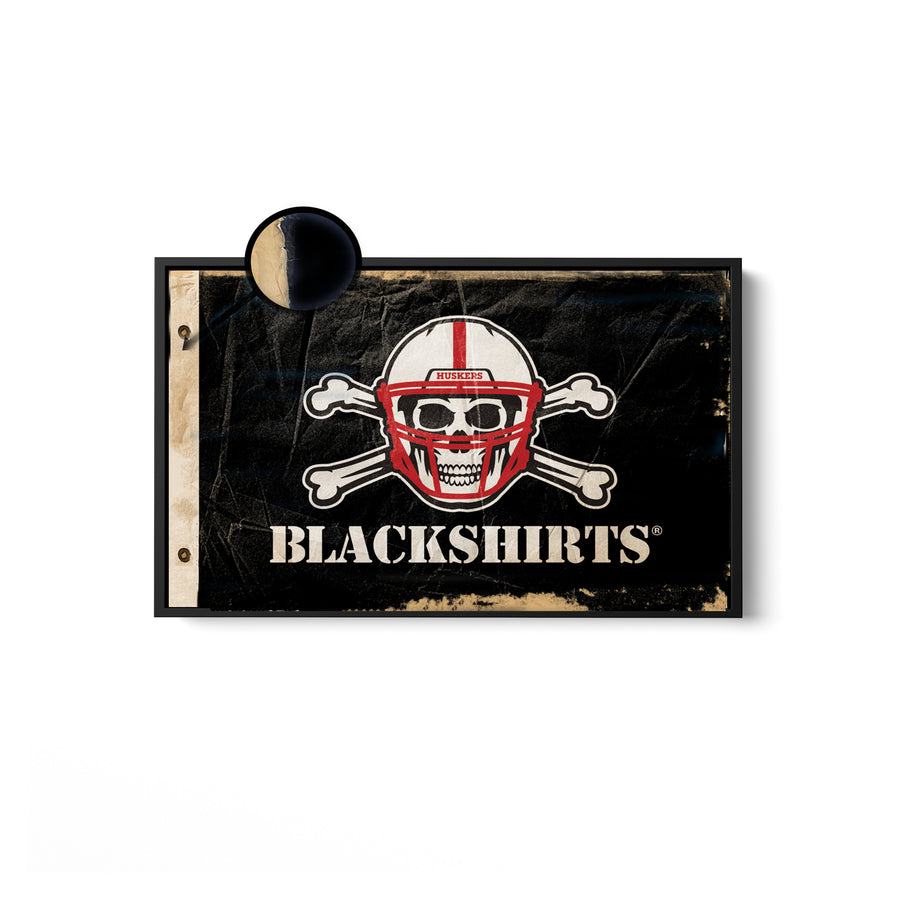 Framed black Nebraska flag with Blackshirts skull logo – premium Husker wall art by Thirtysixdegree